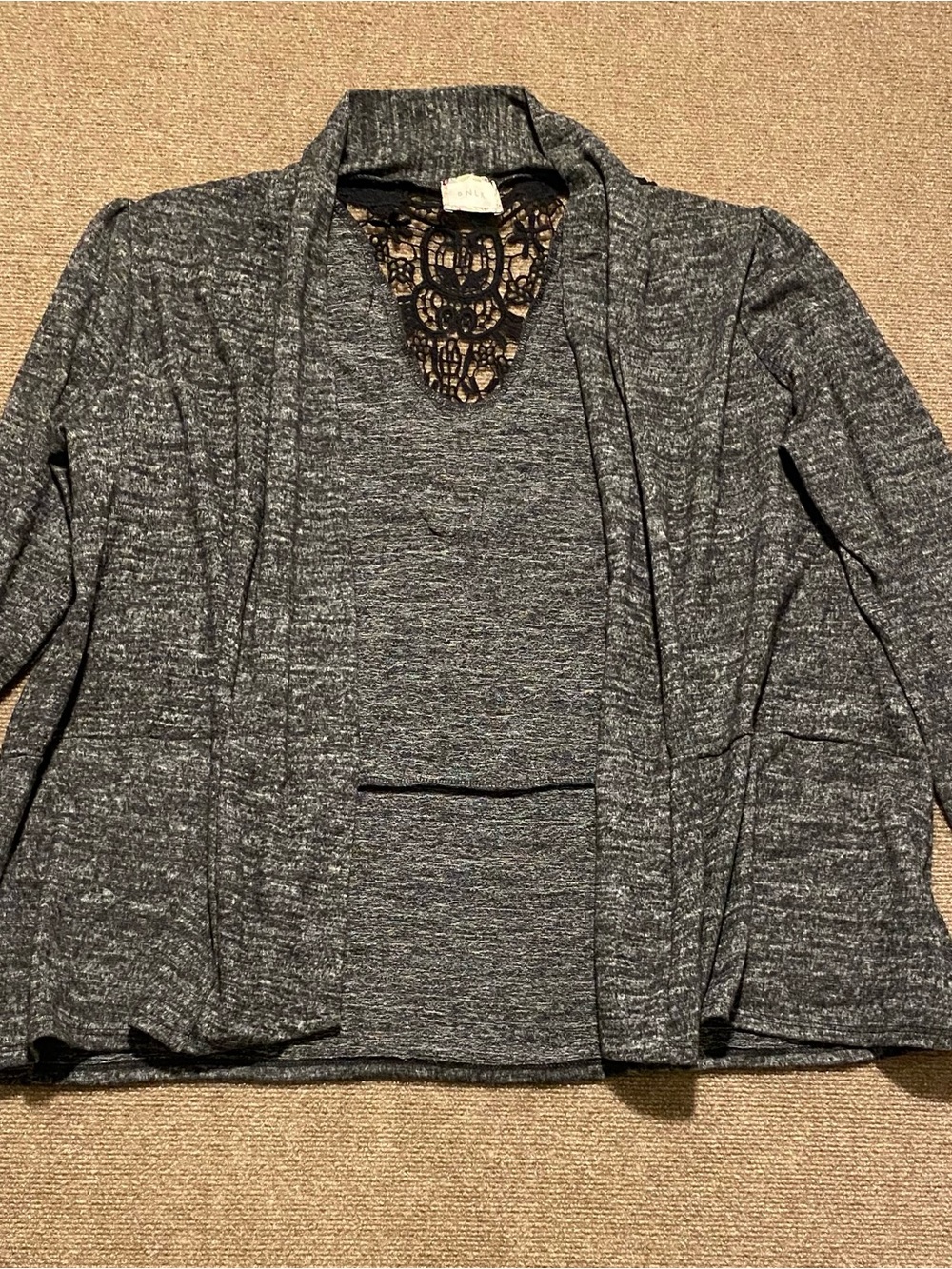 BNLK Heather Grey Women's Cardigan with Lace Crochet Back